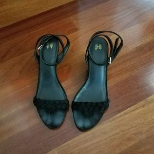 Black ankle wrap wedge sandals